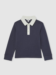 Reiss | Cotton Half-Button Rugby Polo Shirt in Navy/White