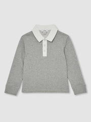 Reiss | Cotton Half-Button Rugby Polo Shirt in Grey Marl/White