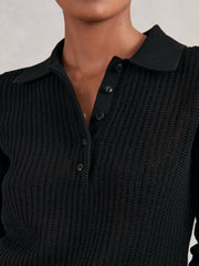 Reiss | Open-Knit Long-Sleeve Polo Top in Black