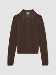 Reiss | Open-Knit Long-Sleeve Polo Top in Chocolate Brown