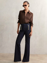 Reiss | Petite Button-Detail High-Rise Flared Jeans in Dark Blue