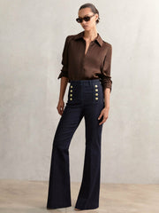Reiss | Petite Button-Detail High-Rise Flared Jeans in Dark Blue