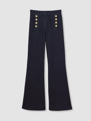 Reiss | Petite Button-Detail High-Rise Flared Jeans in Dark Blue
