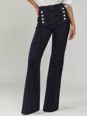Reiss | Petite Button-Detail High-Rise Flared Jeans in Dark Blue