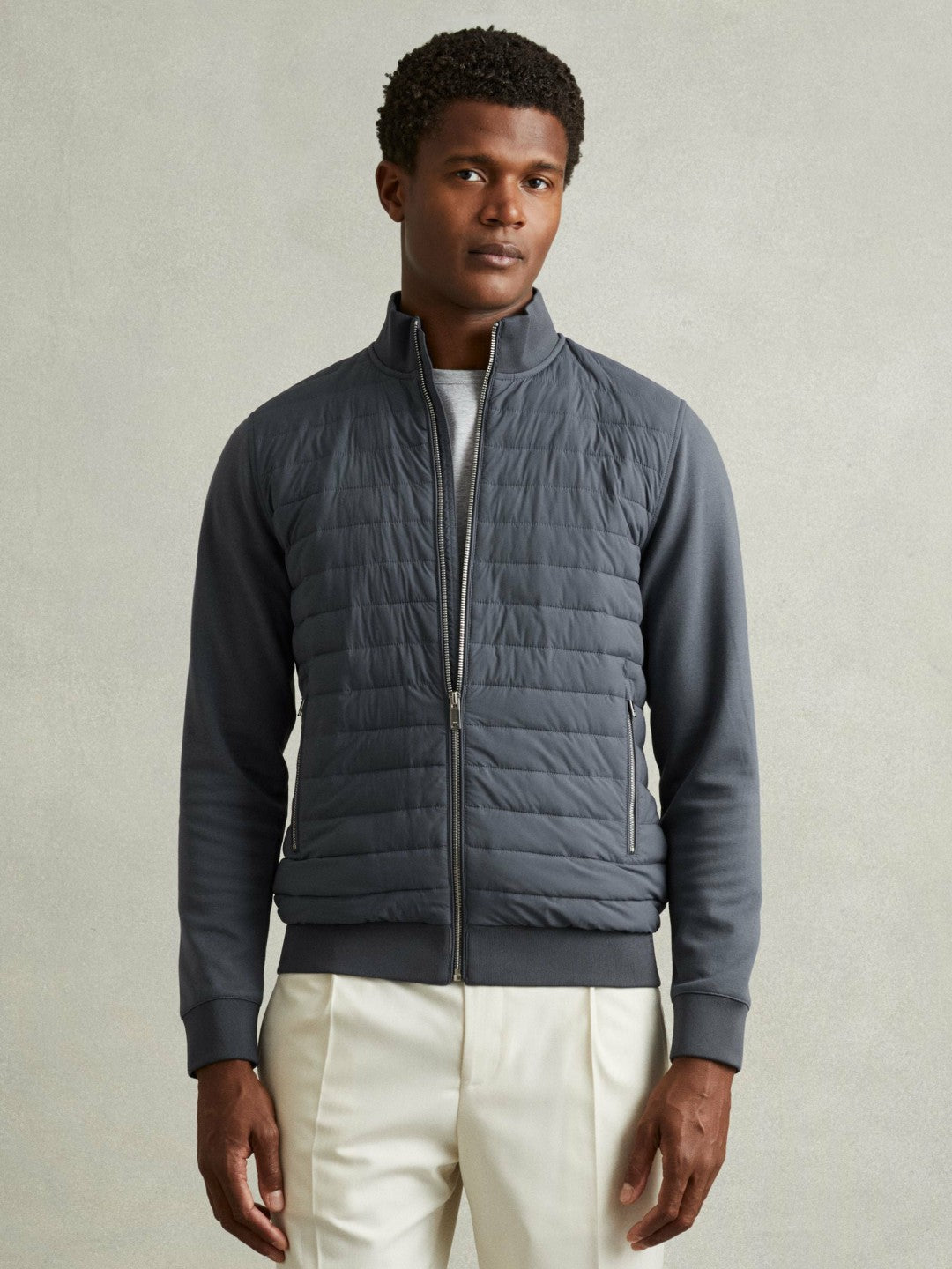 Reiss | Hybrid Quilt and Knit Zip-Through Jacket in Airforce Blue