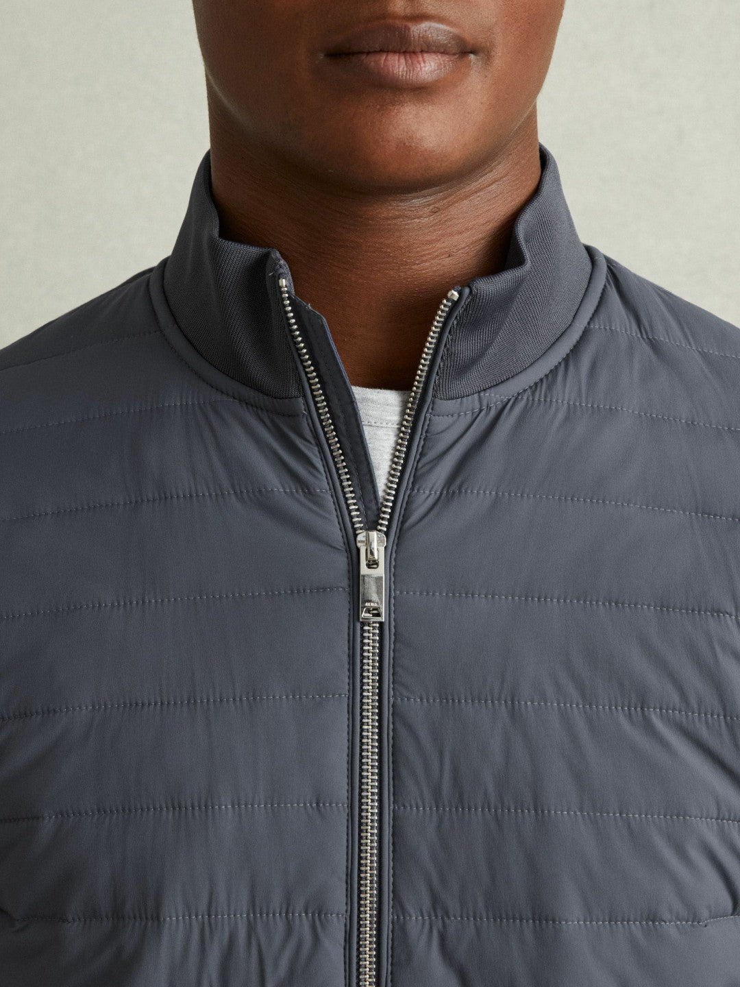 Reiss | Hybrid Quilt and Knit Zip-Through Jacket in Airforce Blue
