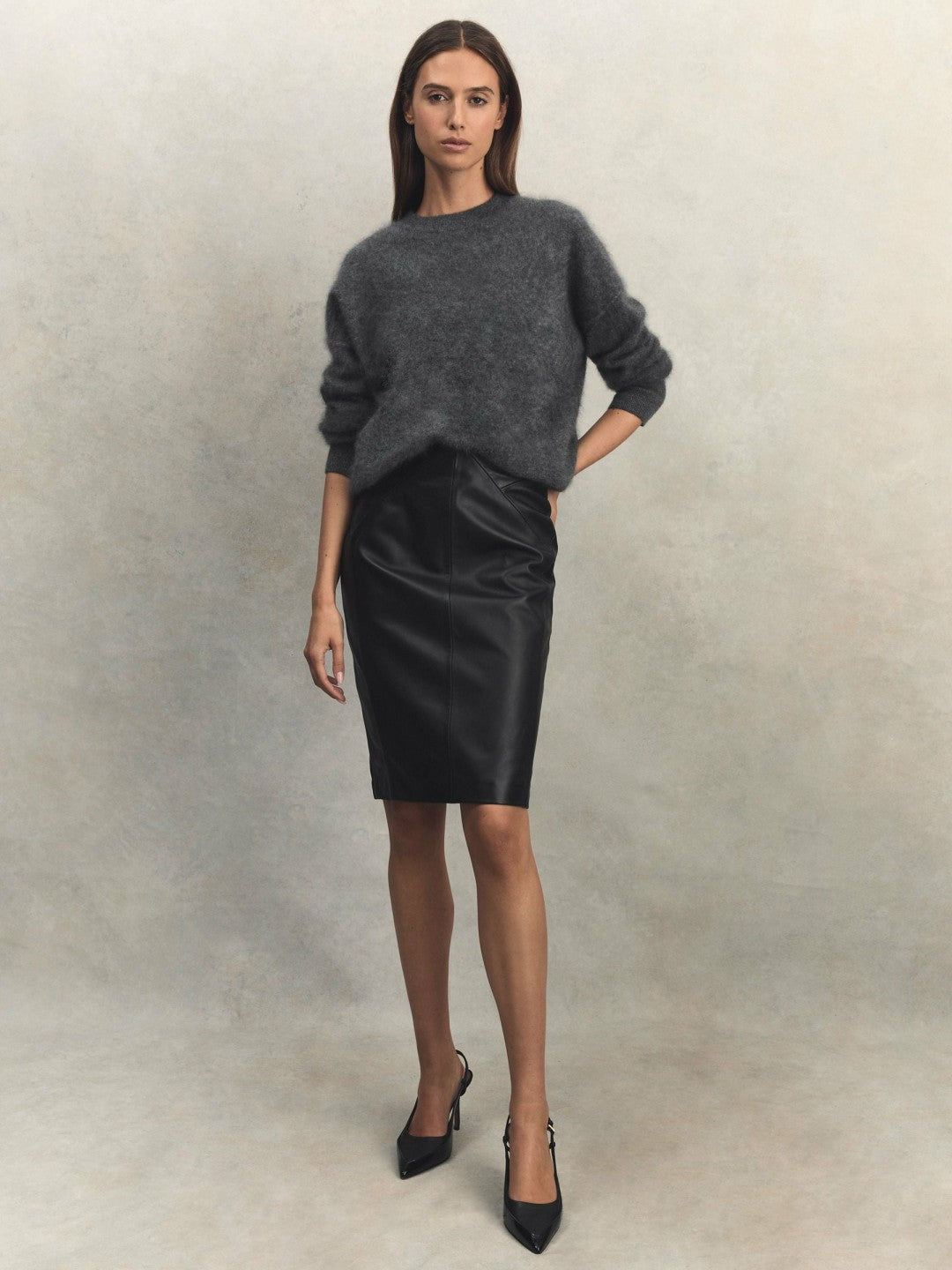 Reiss | Leather High Rise Midi Skirt in Black