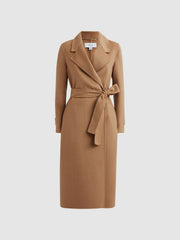 Reiss | Wool Blend Belted Blindseam Coat in Camel