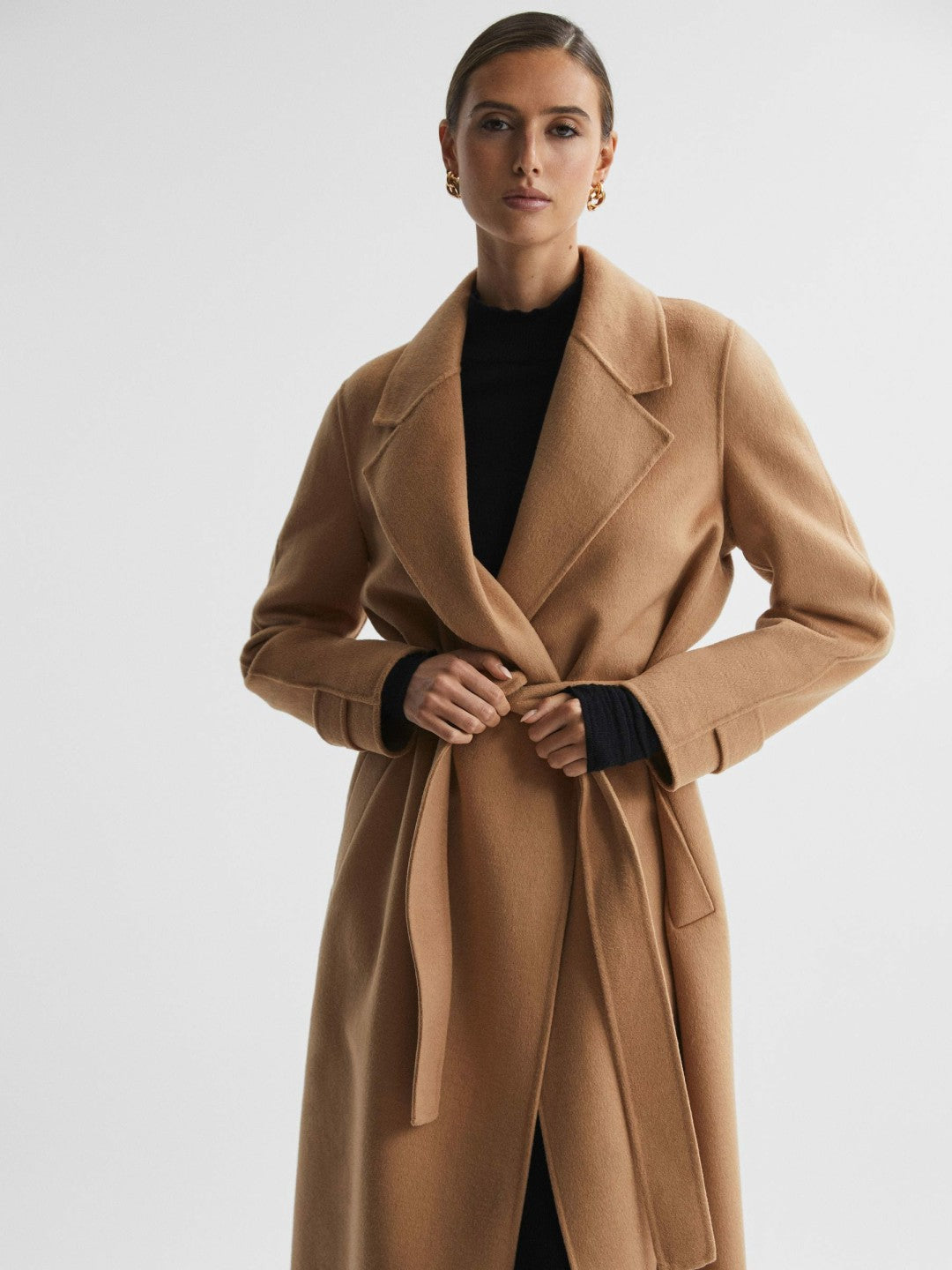 Reiss | Wool Blend Belted Blindseam Coat in Camel