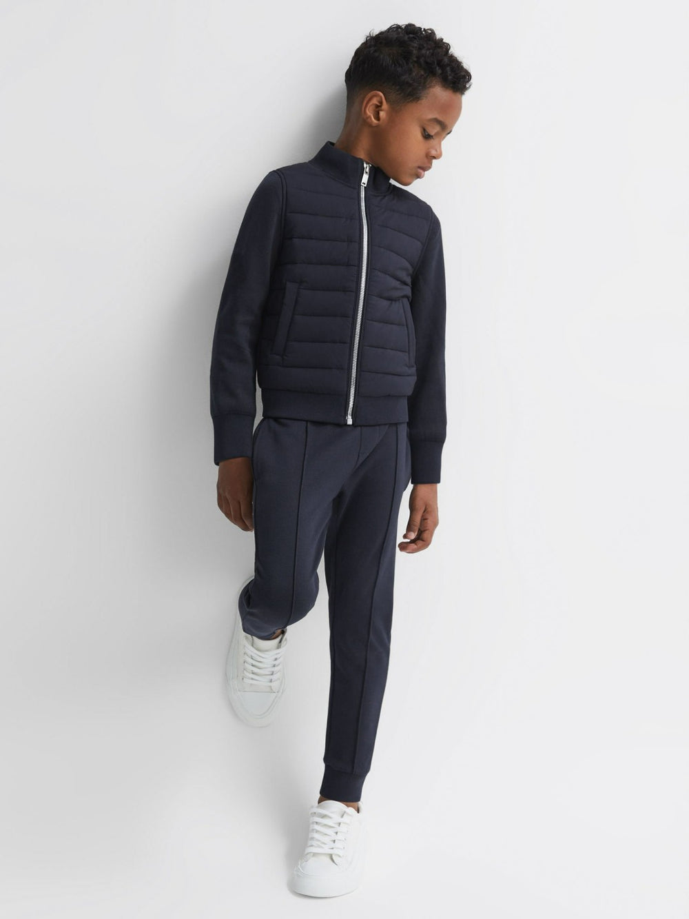 Reiss | 3-9 yrs Funnel Neck Quilted Hybrid Jacket in Navy
