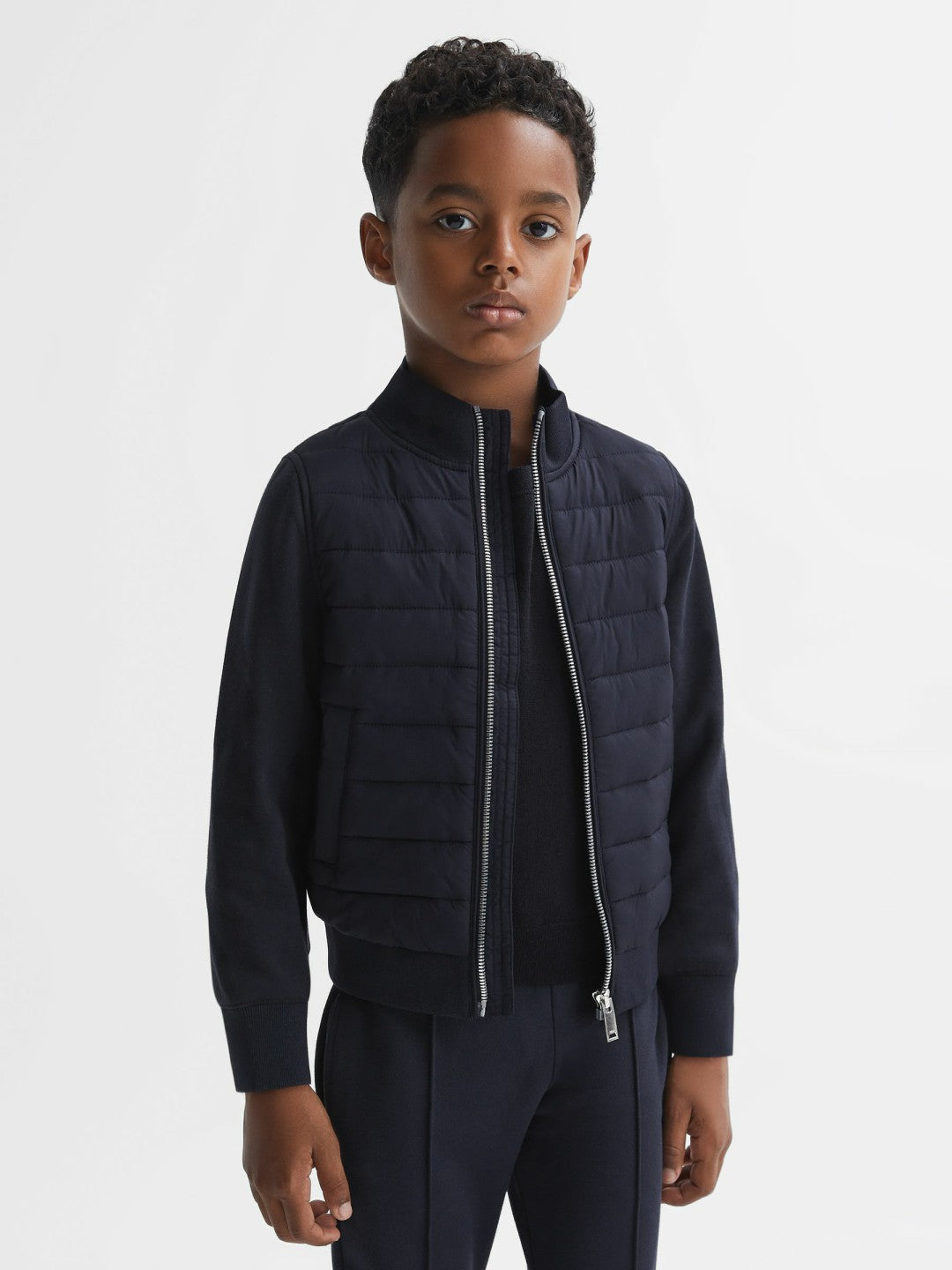 Reiss | 3-9 yrs Funnel Neck Quilted Hybrid Jacket in Navy