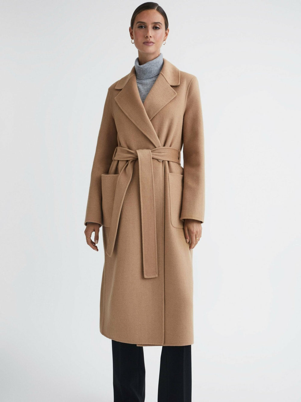 Reiss | Long Wool Blend Blindseam Coat in Camel