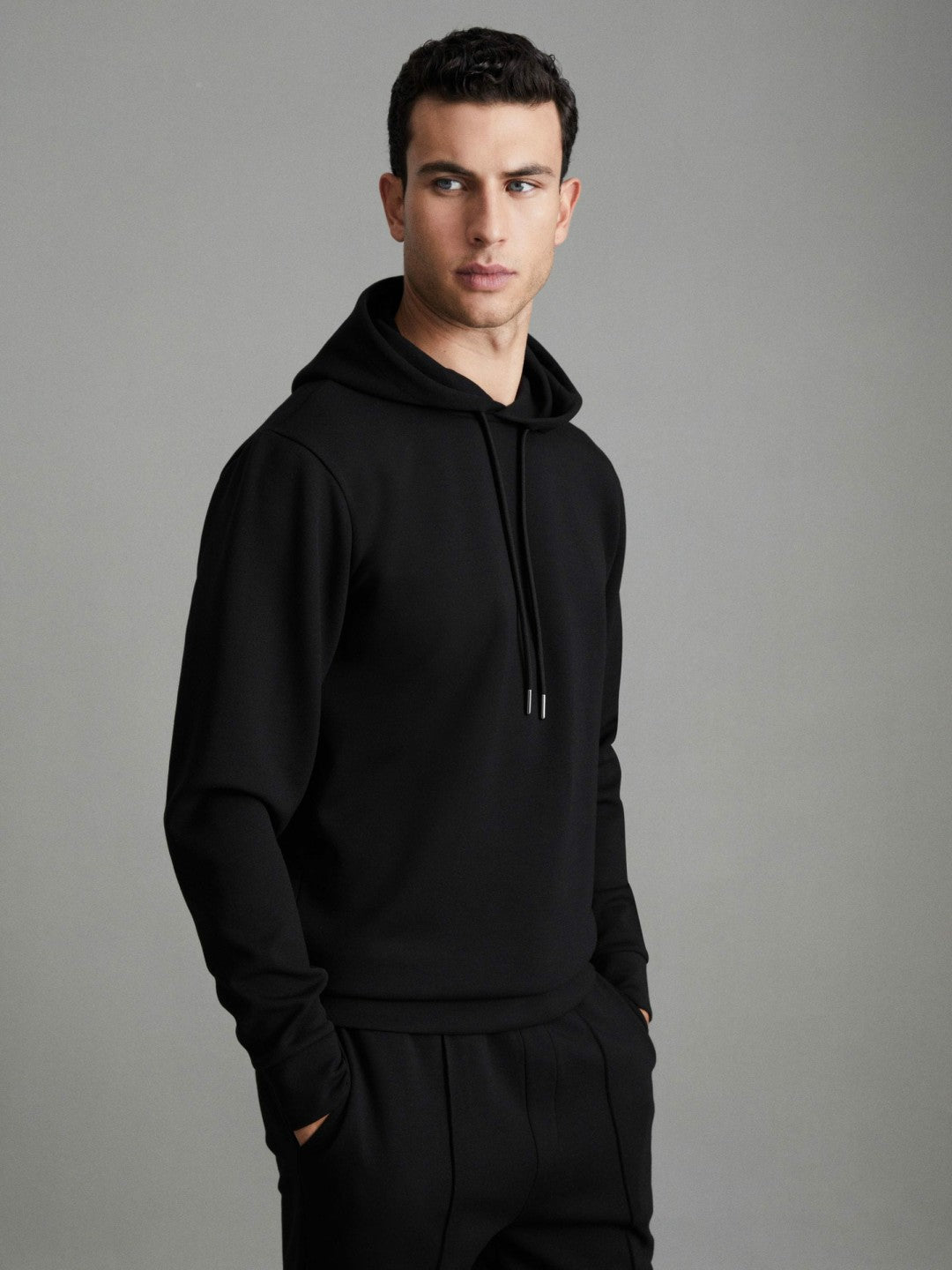 Reiss | Interlock Jersey Drawstring Hoodie in Black