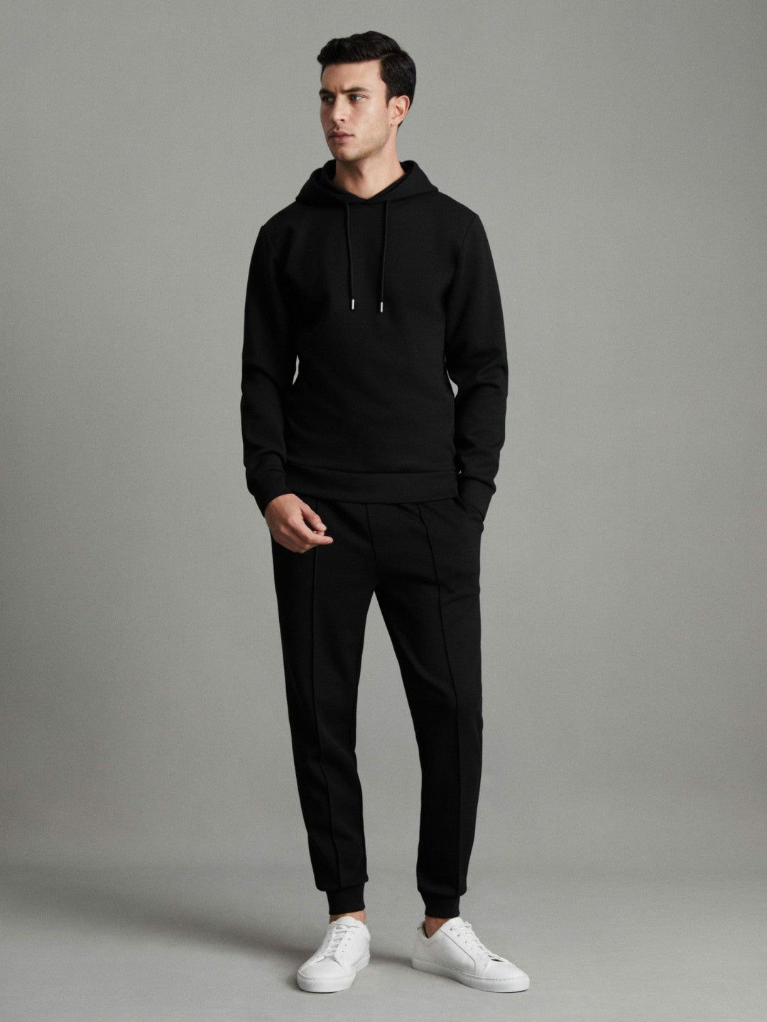 Reiss | Interlock Jersey Drawstring Hoodie in Black