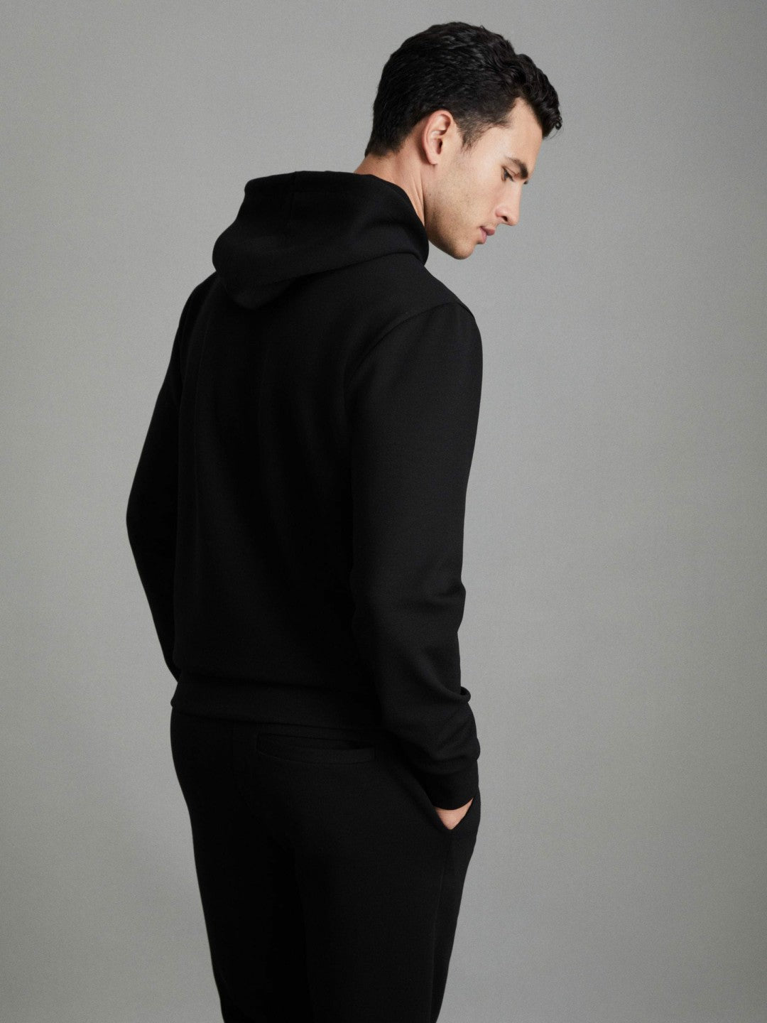 Reiss | Interlock Jersey Drawstring Hoodie in Black