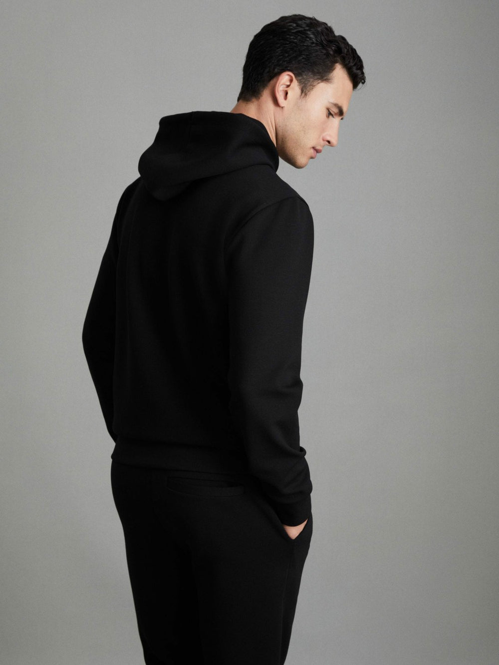 Reiss | Interlock Jersey Drawstring Hoodie in Black