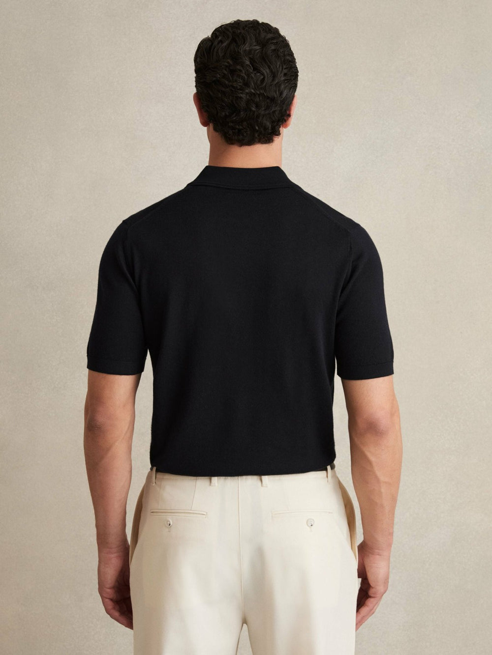 Reiss | Merino Wool Open Collar Polo Shirt in Navy