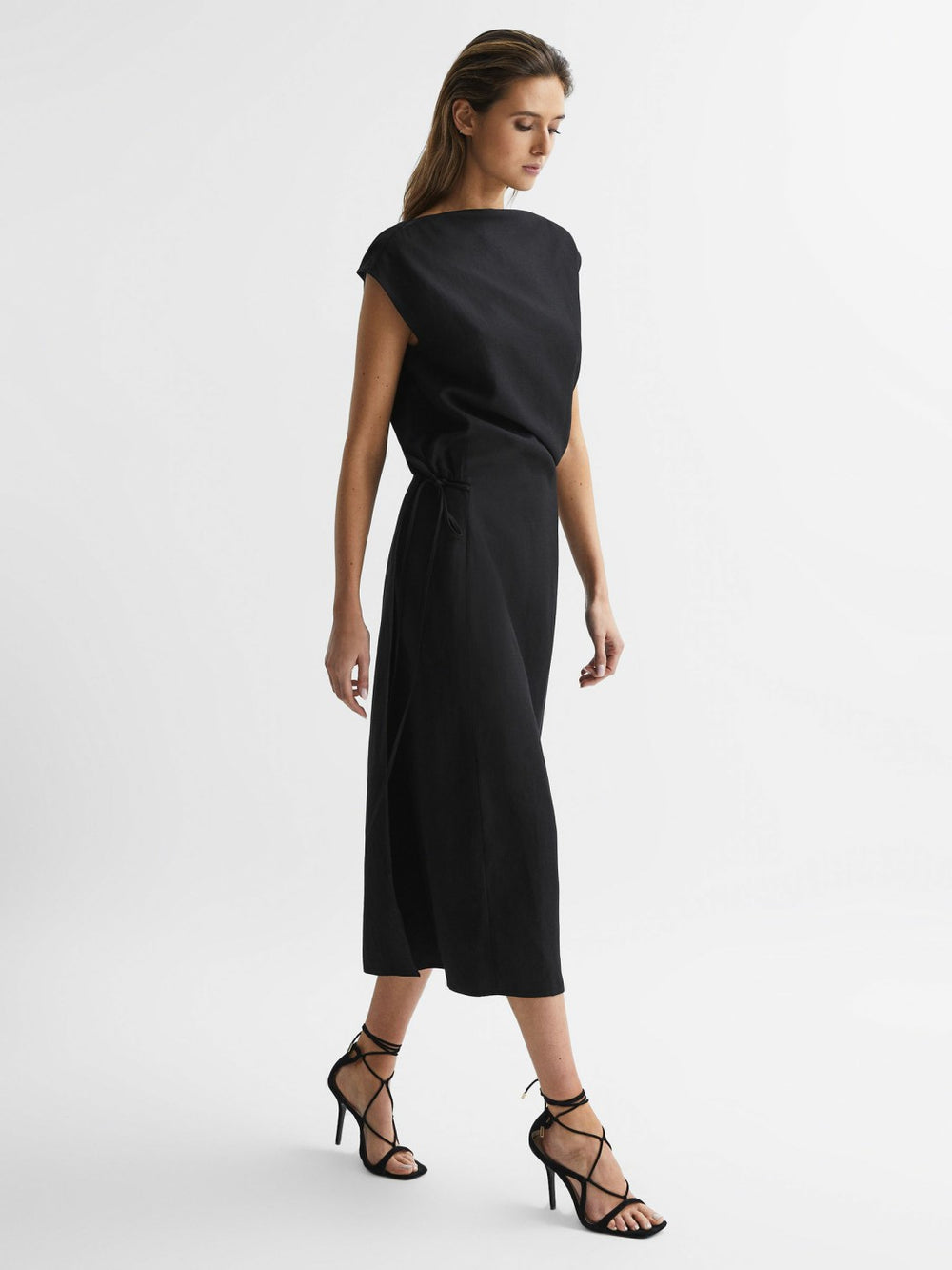 Reiss | Premium Linen Blend Open-Back Midi Dress in Black