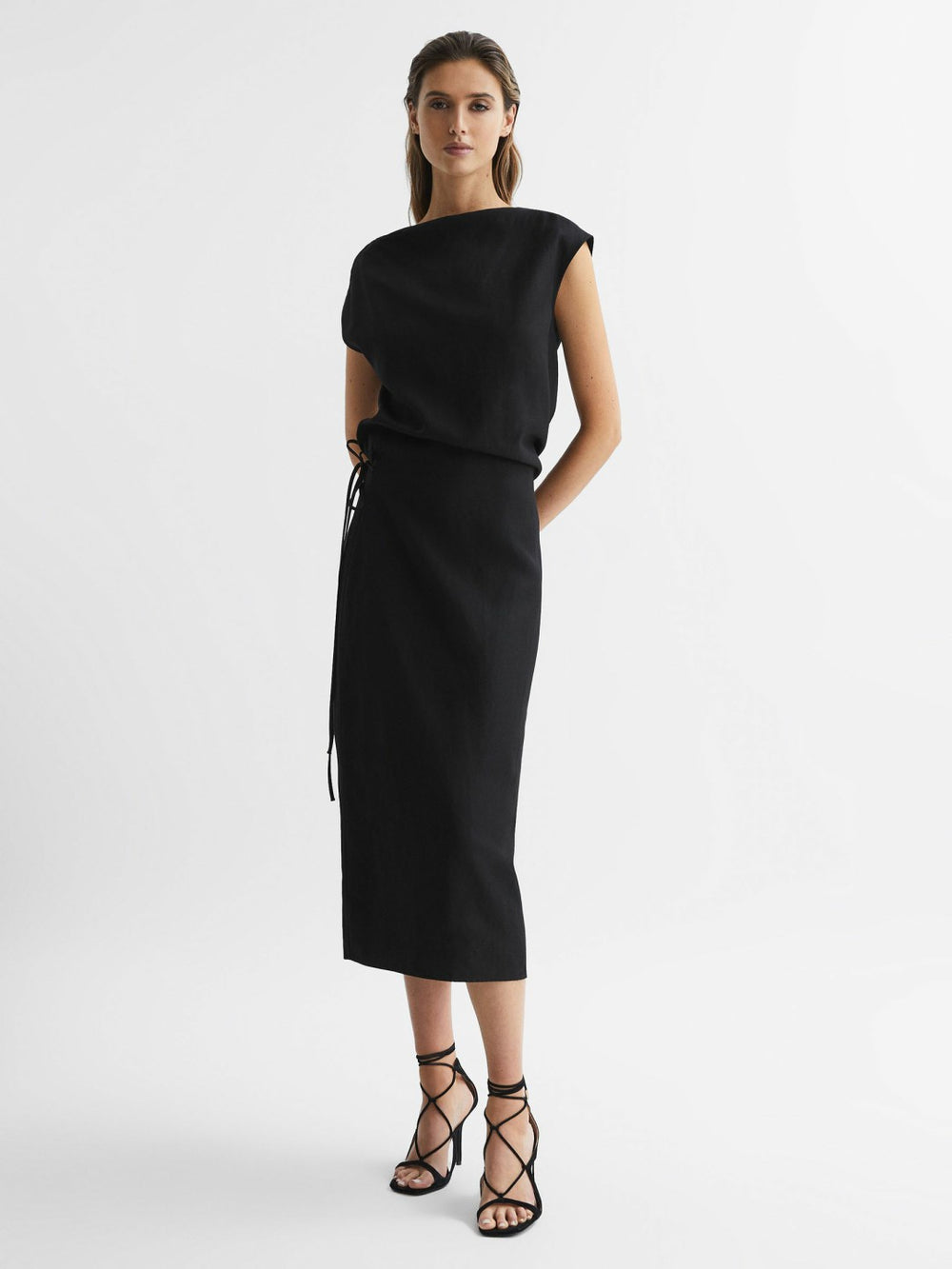 Reiss | Premium Linen Blend Open-Back Midi Dress in Black