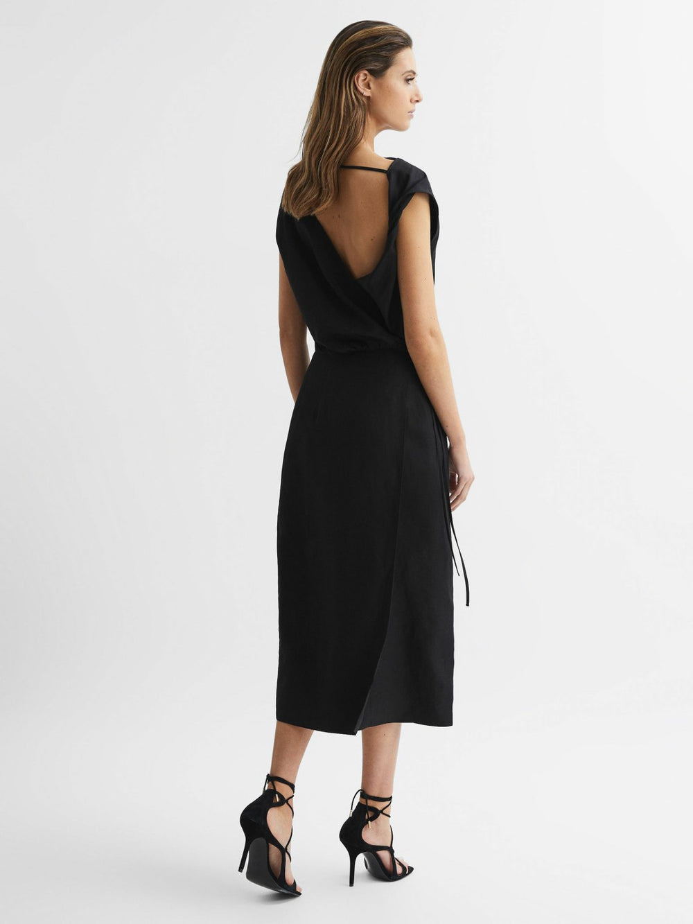 Reiss | Premium Linen Blend Open-Back Midi Dress in Black