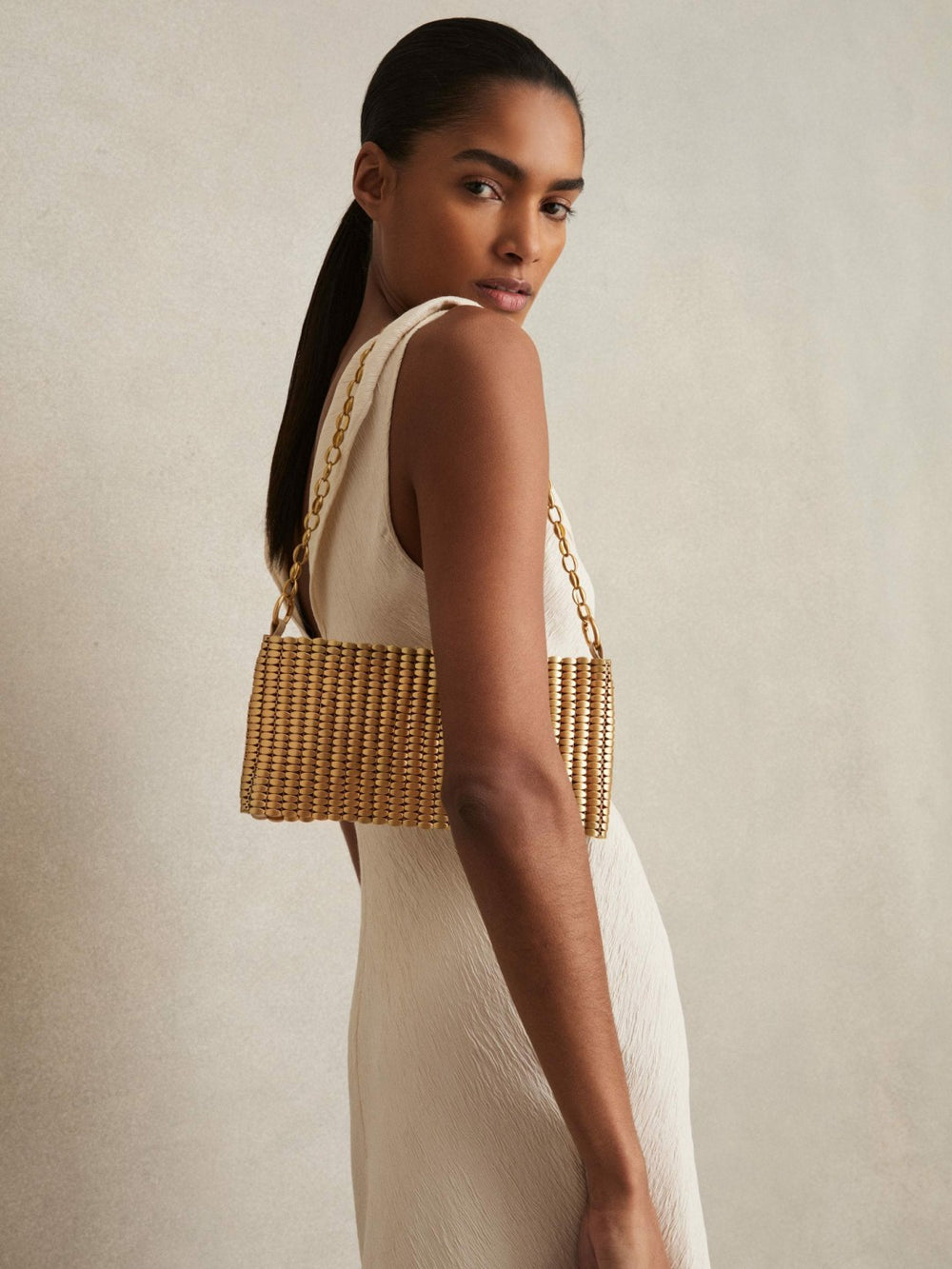 Reiss | Beaded Removable Strap Shoulder Bag in Gold