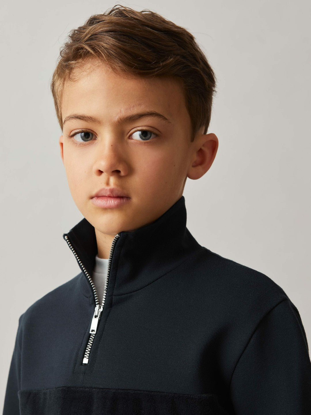 Reiss | 9-13 yrs Slim Fit Half-Zip Funnel Neck Velour Sweatshirt in Navy