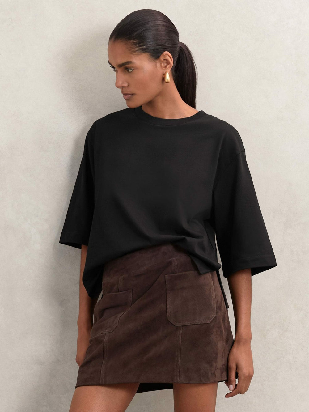 Reiss | Oversized Cotton Crew Neck T-Shirt in Black