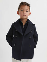 Reiss | 9-13 yrs Wool Blend Twill Double Breasted Coat in Navy