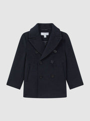 Reiss | 9-13 yrs Wool Blend Twill Double Breasted Coat in Navy