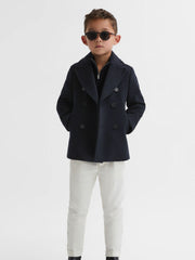 Reiss | 9-13 yrs Wool Blend Twill Double Breasted Coat in Navy