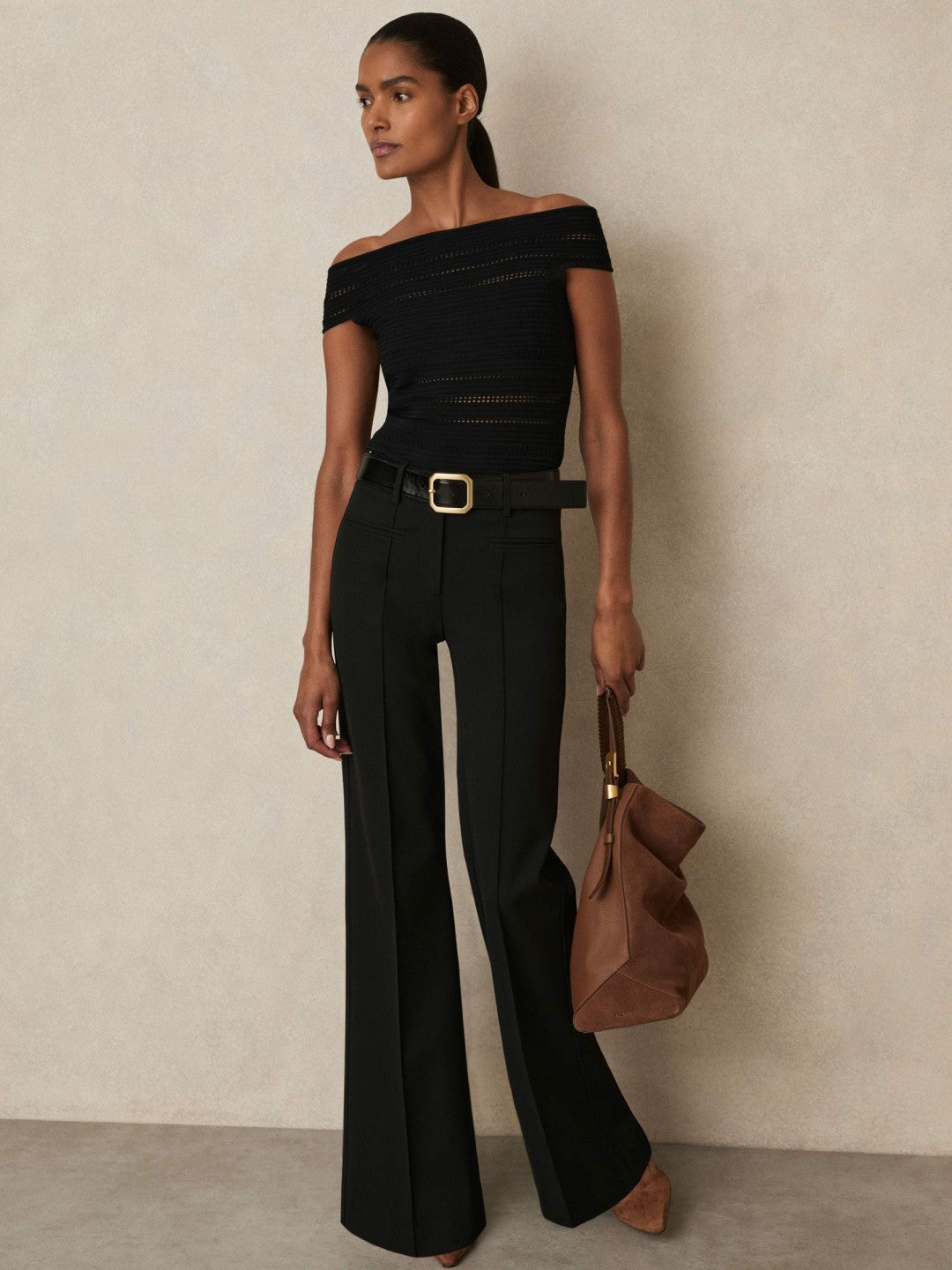 Reiss | High Rise Flared Trousers in Black