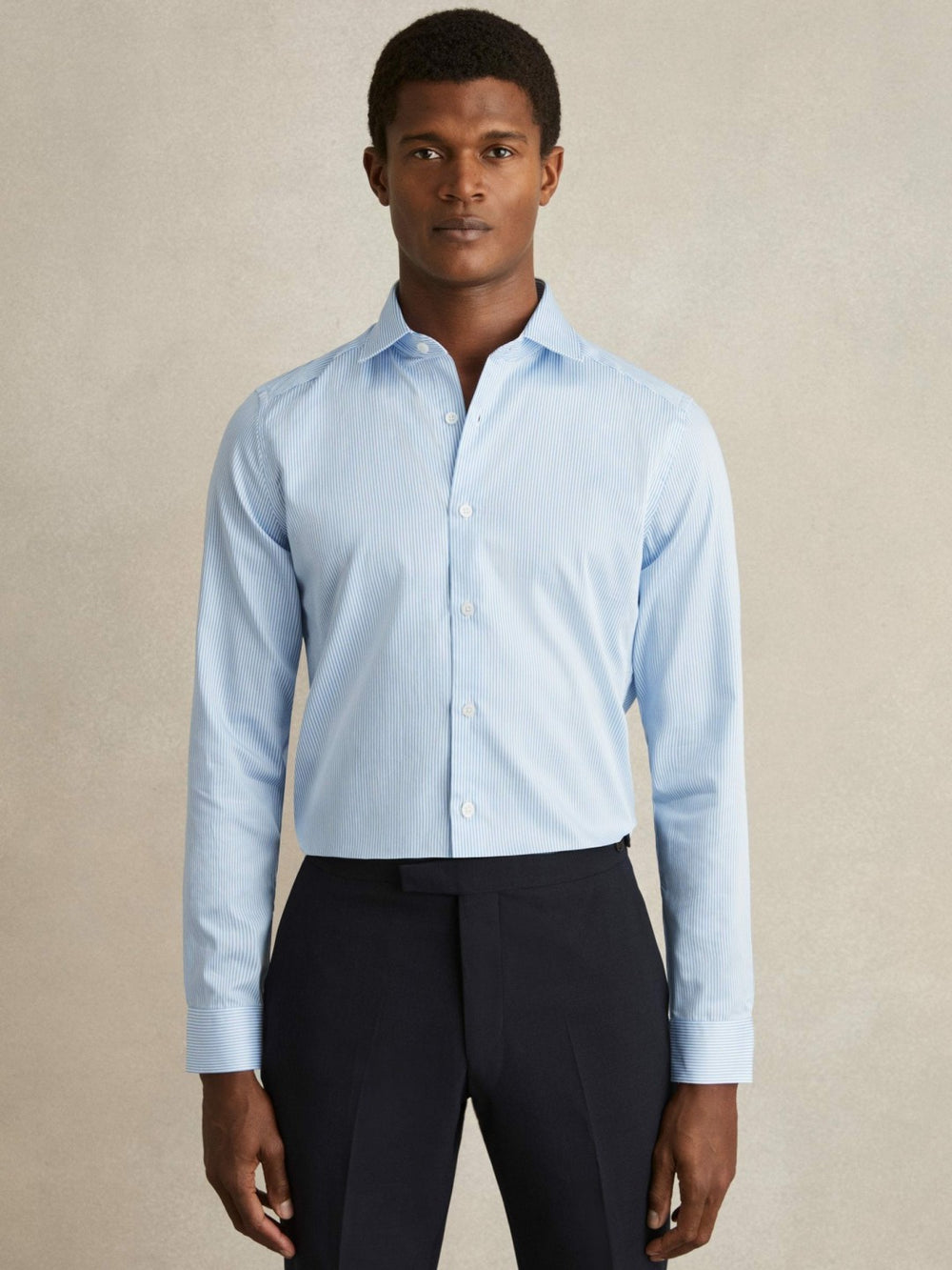 Reiss | Slim Fit Cotton-Satin Cutaway-Collar Shirt in Blue Stripe