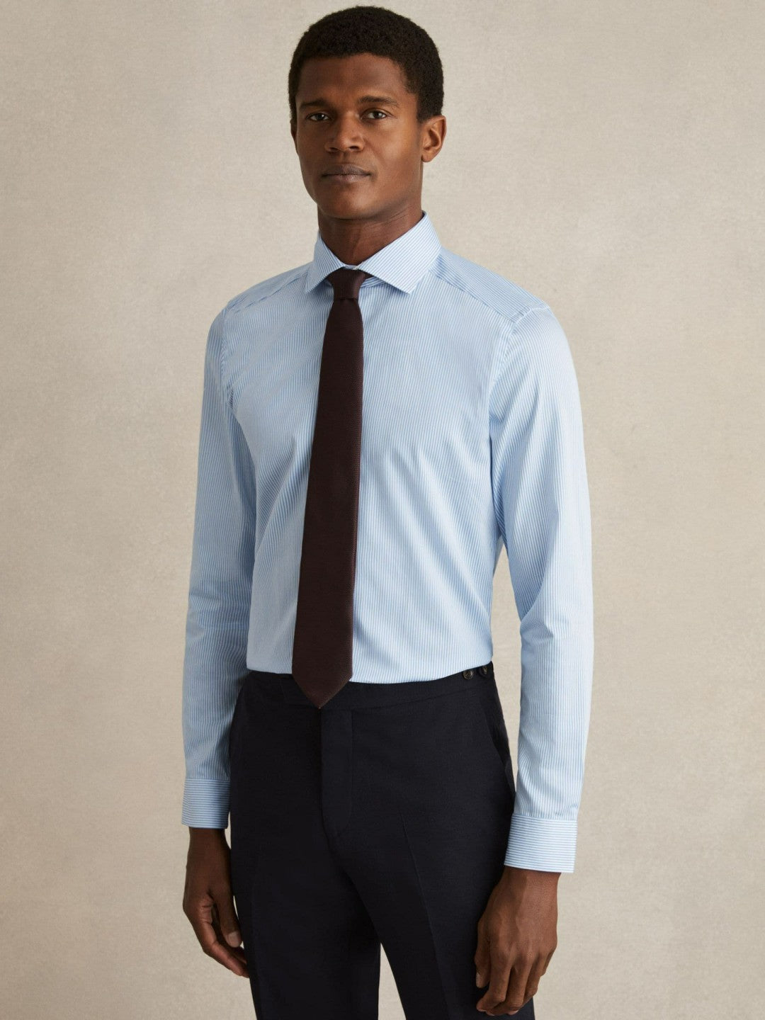 Reiss | Slim Fit Cotton-Satin Cutaway-Collar Shirt in Blue Stripe