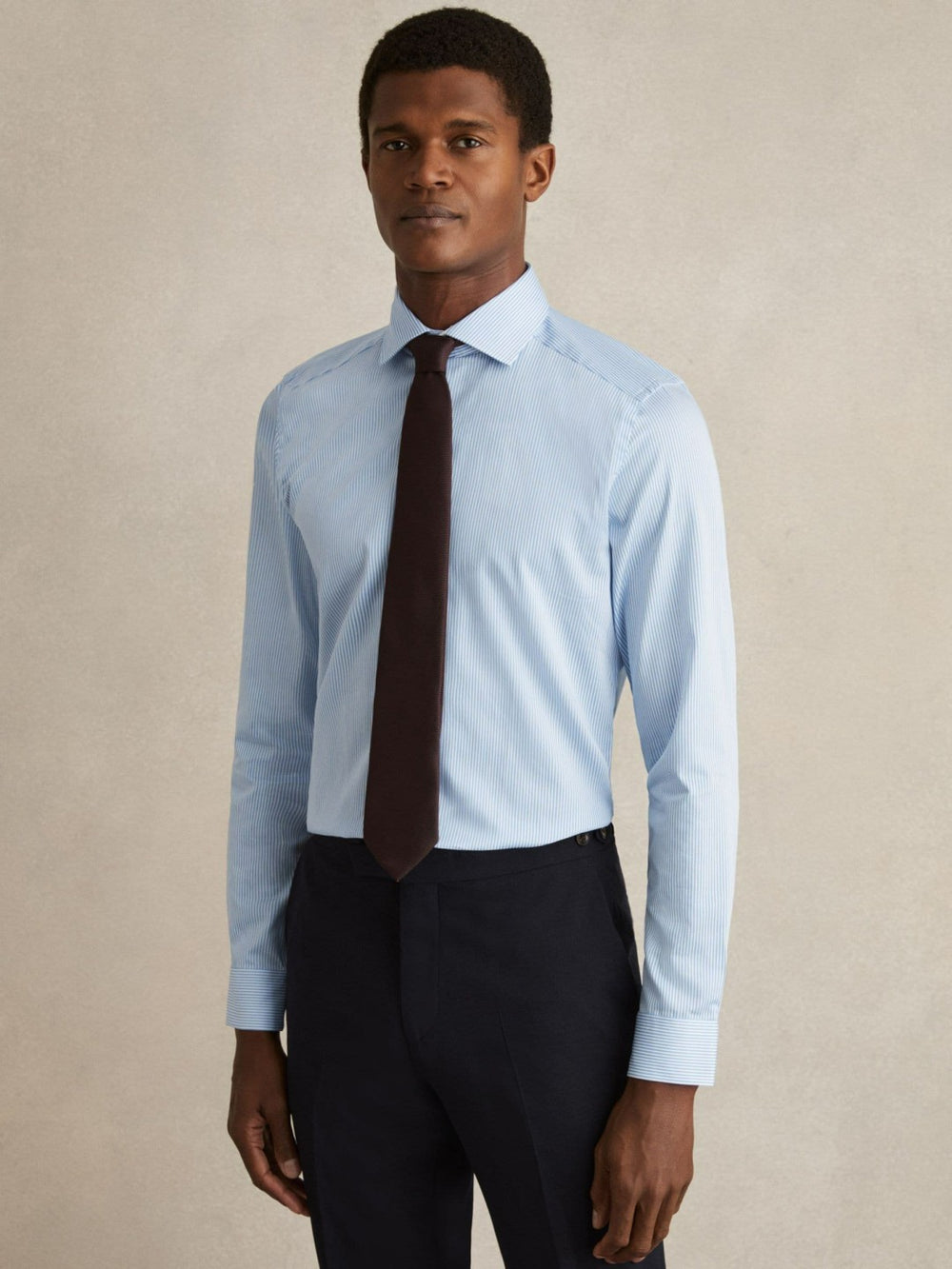 Reiss | Slim Fit Cotton-Satin Cutaway-Collar Shirt in Blue Stripe