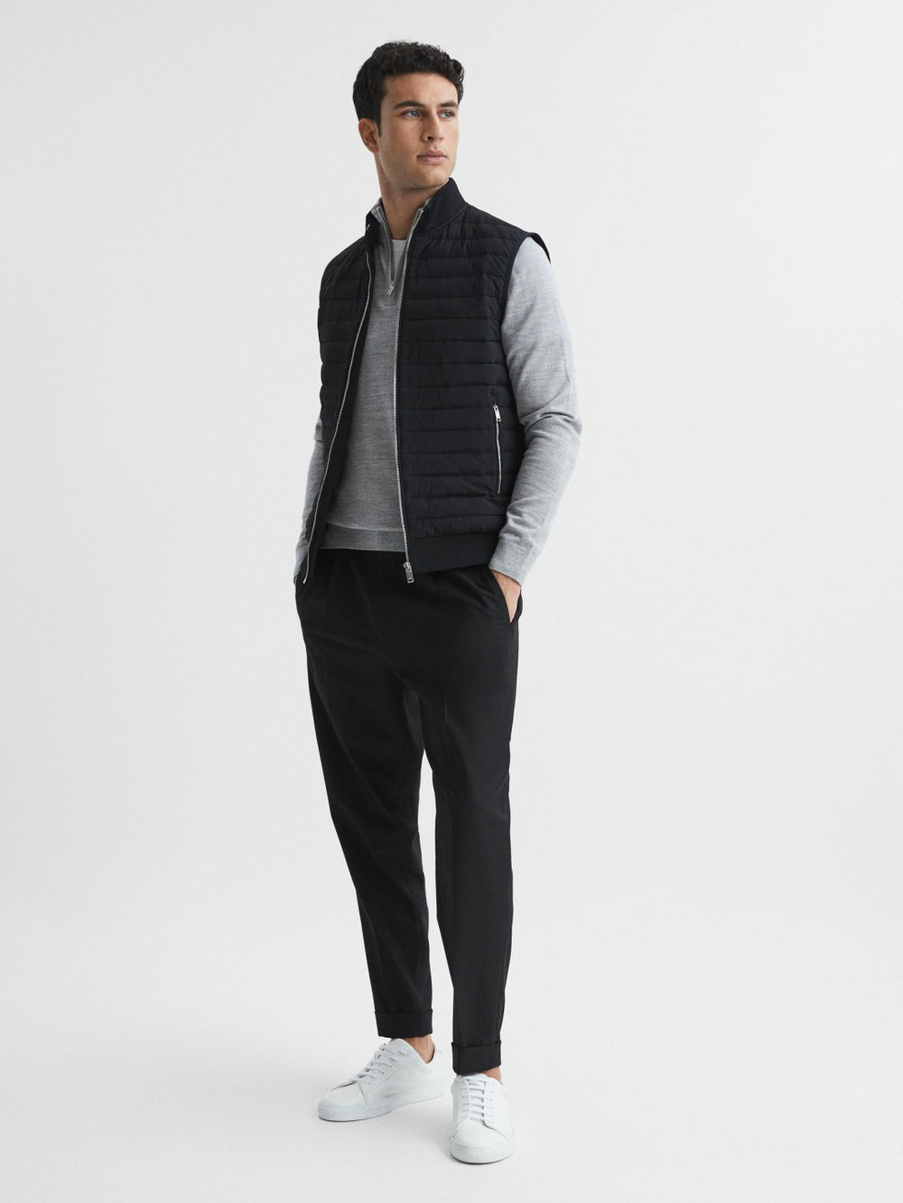 Reiss | Hybrid Quilted Gilet in Black