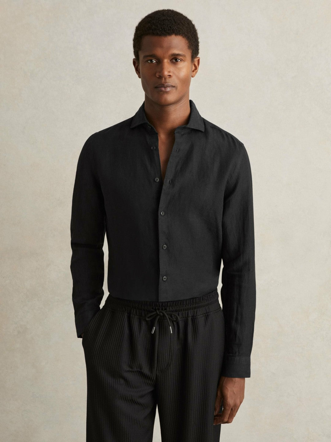 Reiss | Linen Button-Through Shirt in Black