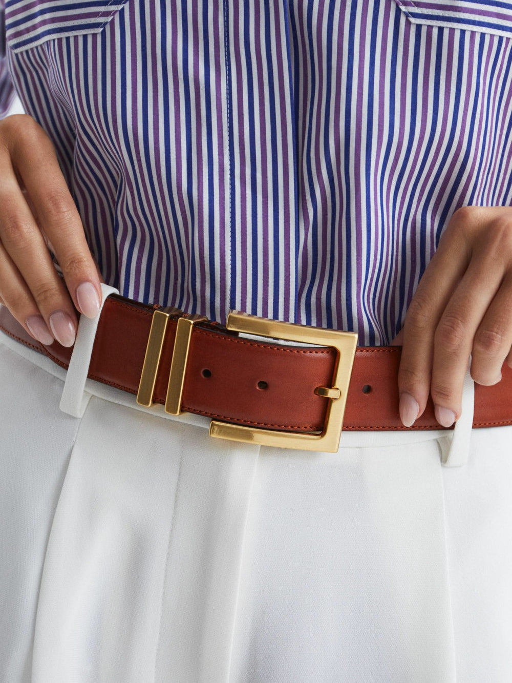 Reiss | Leather Square Buckle Belt in Tan