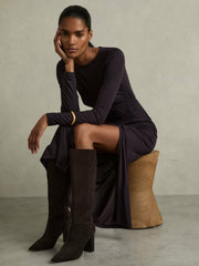 Reiss | Block Heel Knee High Boots in Chocolate