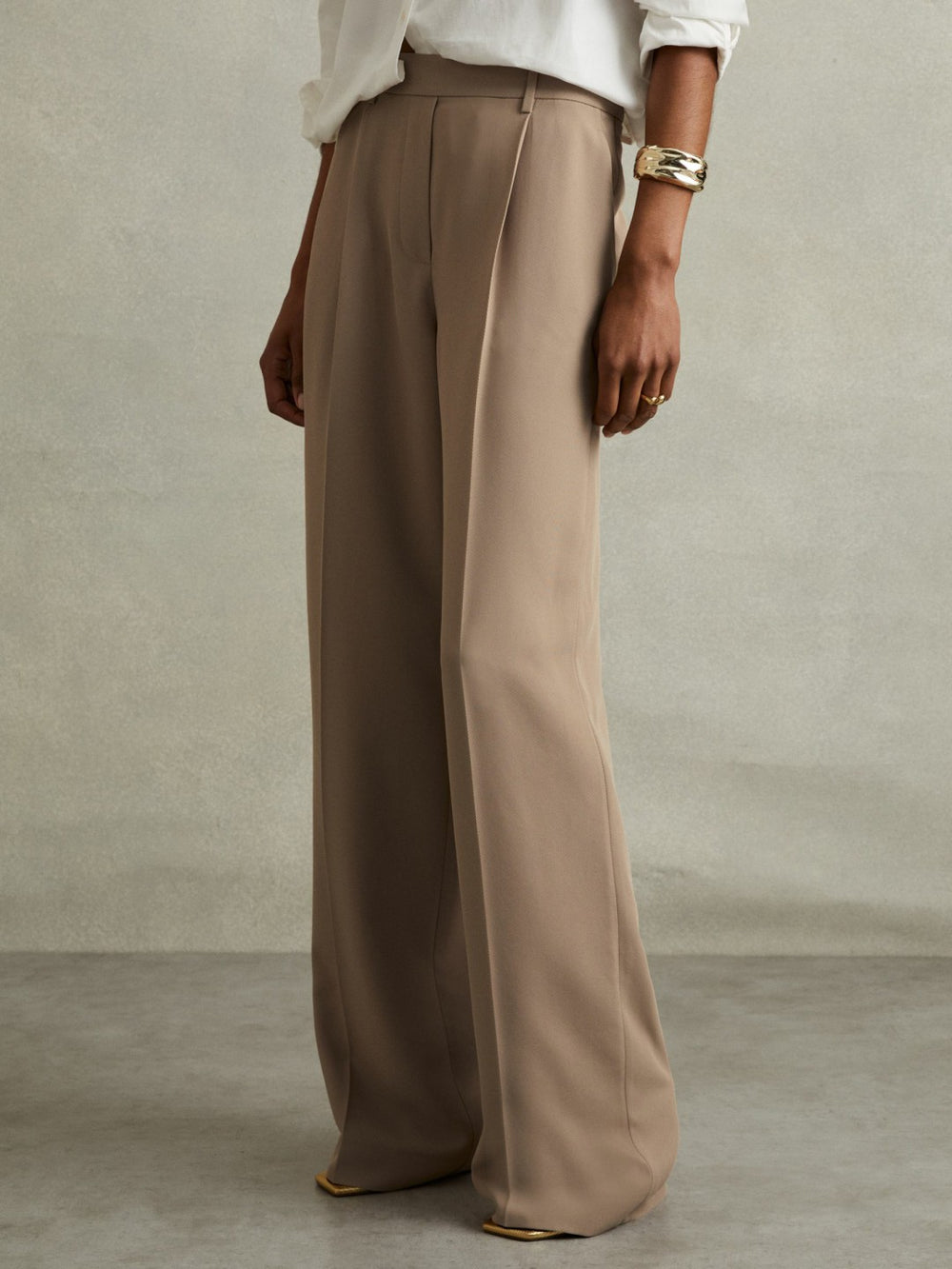 Reiss | Half-Elasticated Wide Leg Trousers in Mink Neutral