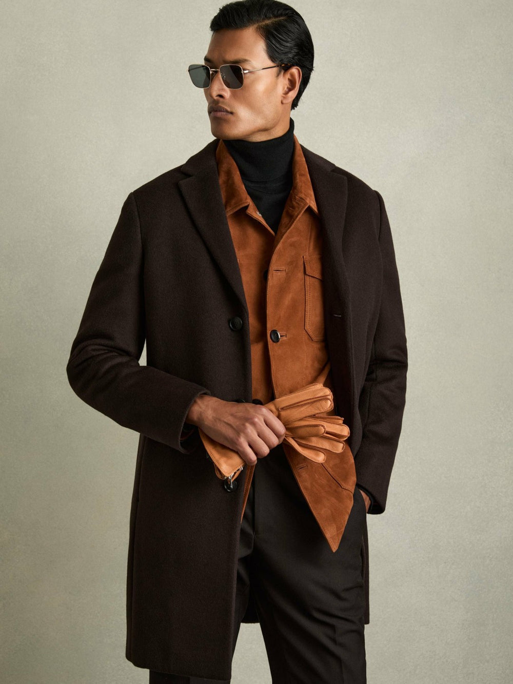 Reiss | Leather Zip-Side Gloves in Tan