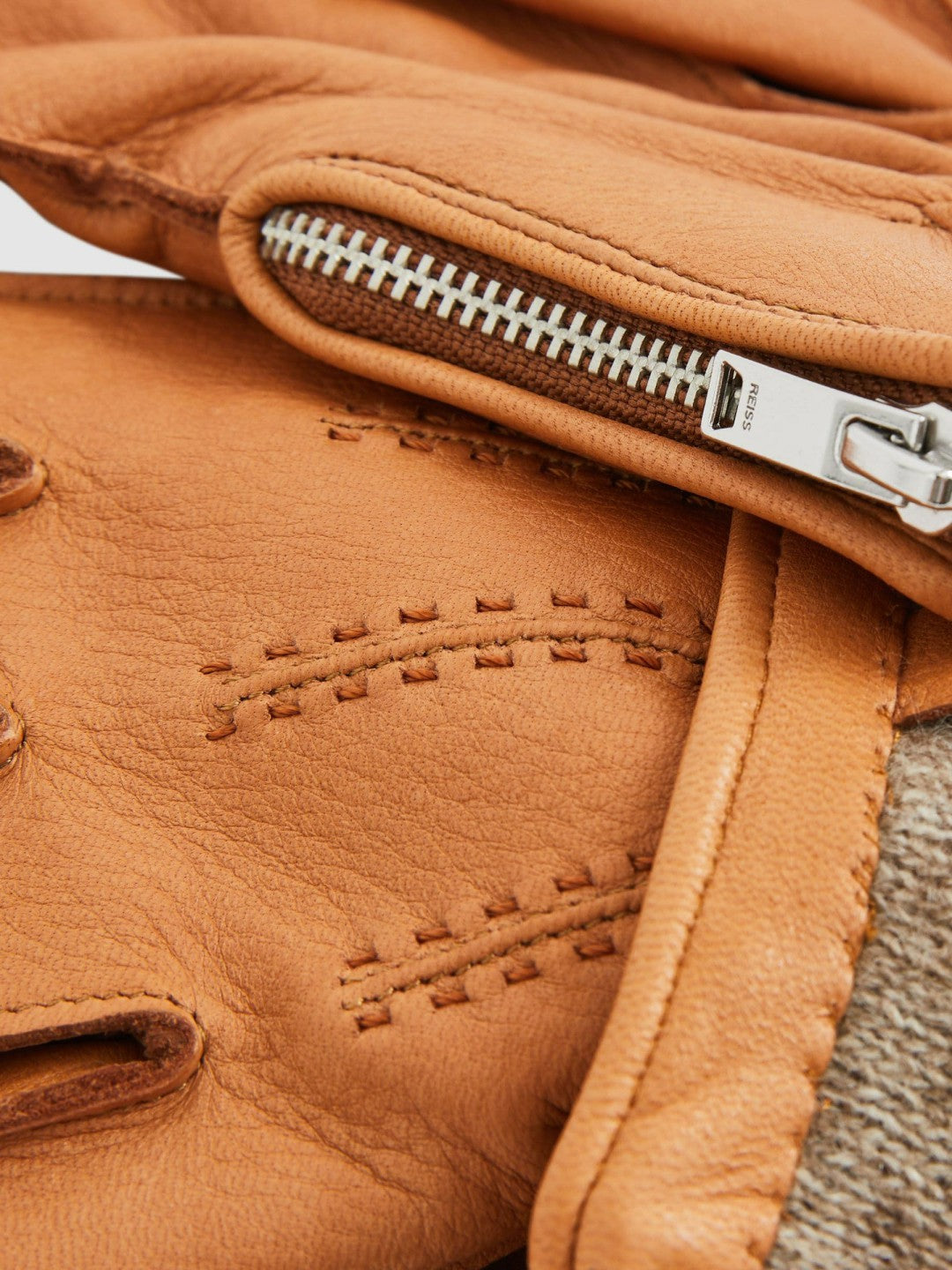 Reiss | Leather Zip-Side Gloves in Tan