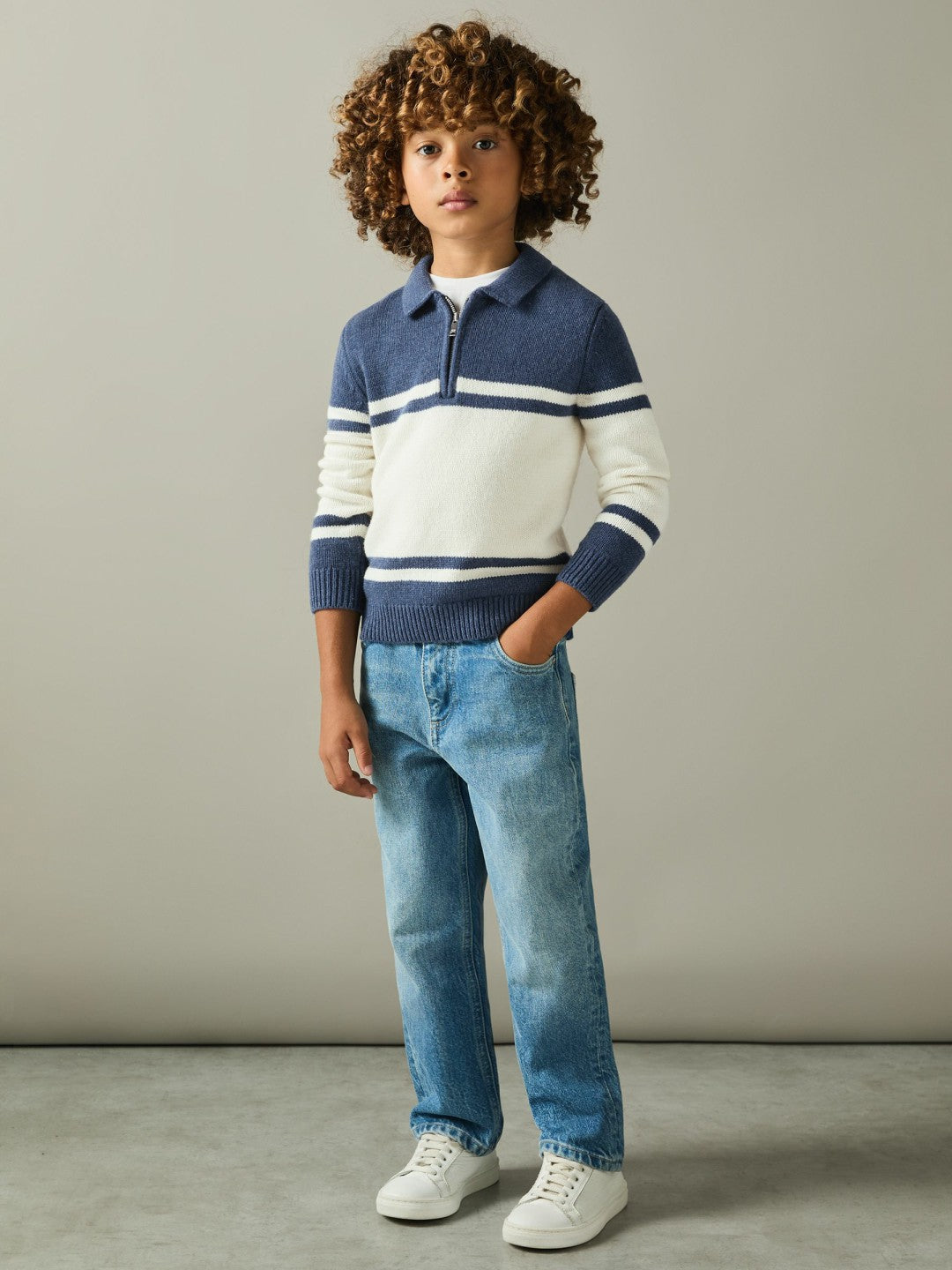 Reiss | 9-13 yrs Half-Zip Colour-Block Polo Shirt in Blue/White