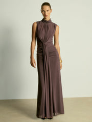 Reiss | Sheer Ruched Maxi Dress in Taupe