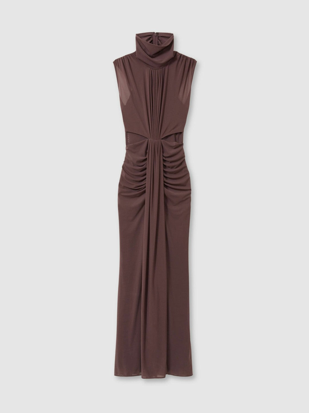 Reiss | Sheer Ruched Maxi Dress in Taupe