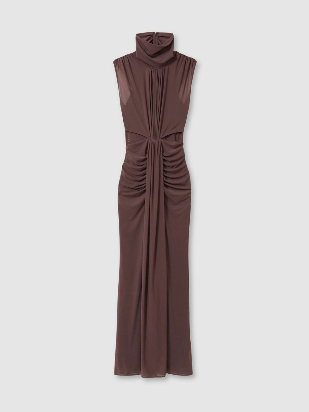 Reiss | Sheer Ruched Maxi Dress in Taupe