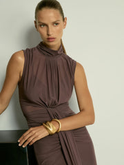 Reiss | Sheer Ruched Maxi Dress in Taupe