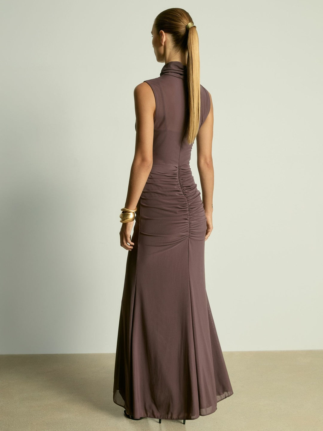 Reiss | Sheer Ruched Maxi Dress in Taupe