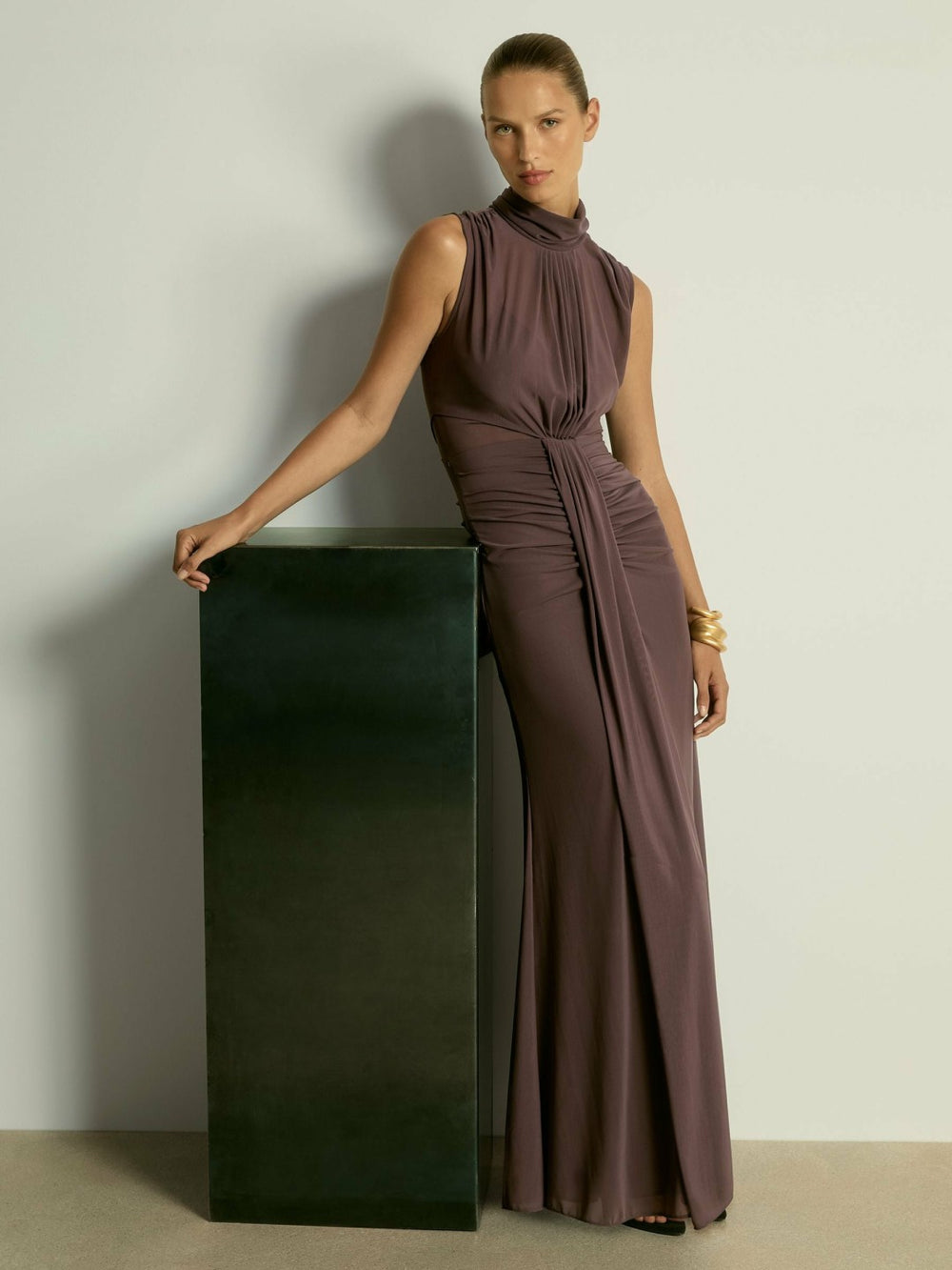 Reiss | Sheer Ruched Maxi Dress in Taupe