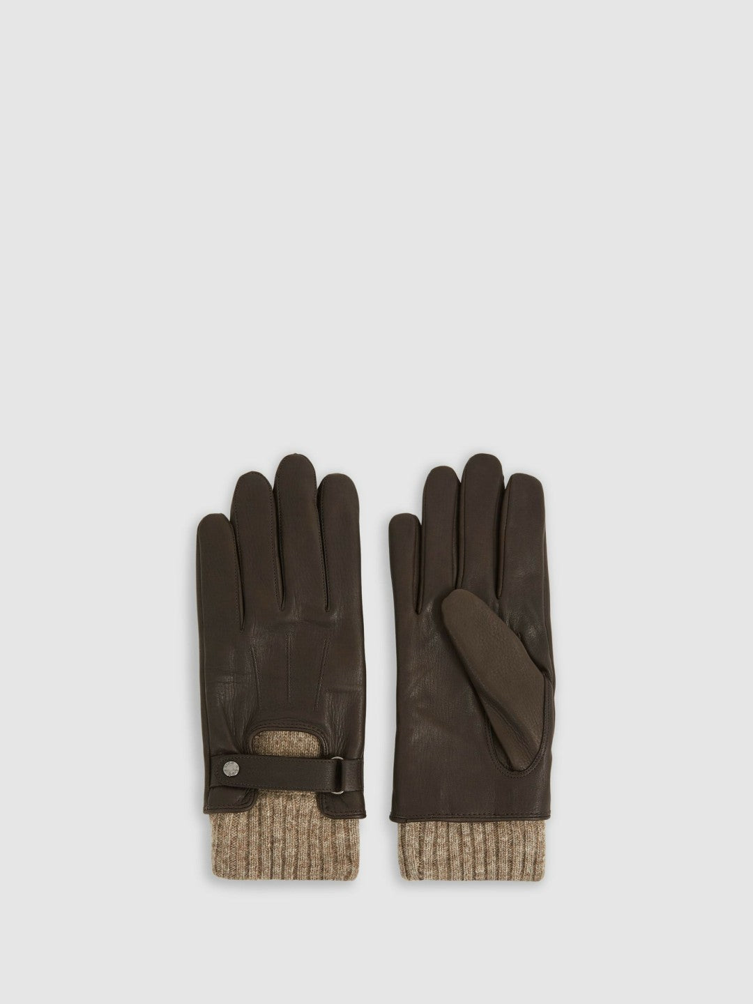 Reiss | Leather Ribbed-Cuff Gloves in Dark Brown
