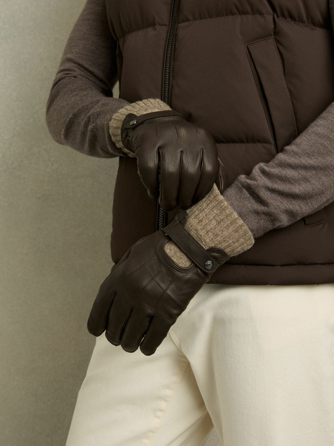 Reiss | Leather Ribbed-Cuff Gloves in Dark Brown